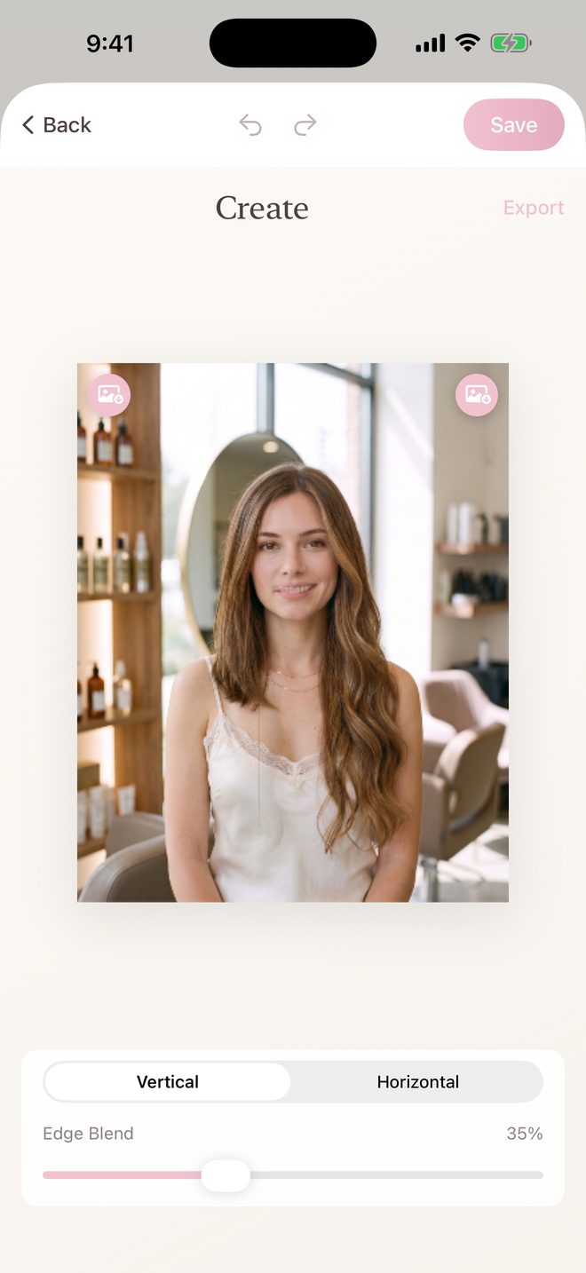 The Beauty Blend editor on iPhone, showing a before and after comparison with a vertical split and the Edge Blend slider set to 35 percent.