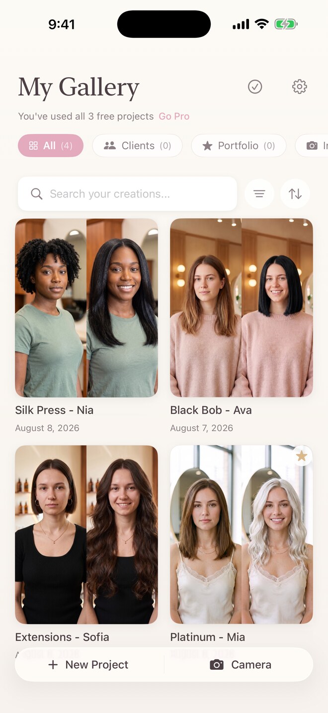 The Beauty Blend gallery on iPhone, showing four saved before and after projects with collection filters and a search field.